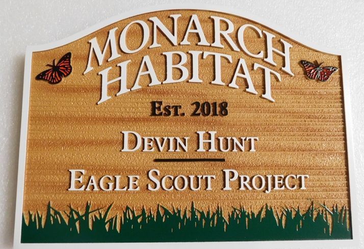 M1910 - Sandblasted  Faux Wood  Grain HDU Sign for the Monarch Habitat Park , with Butterflies as Artwork