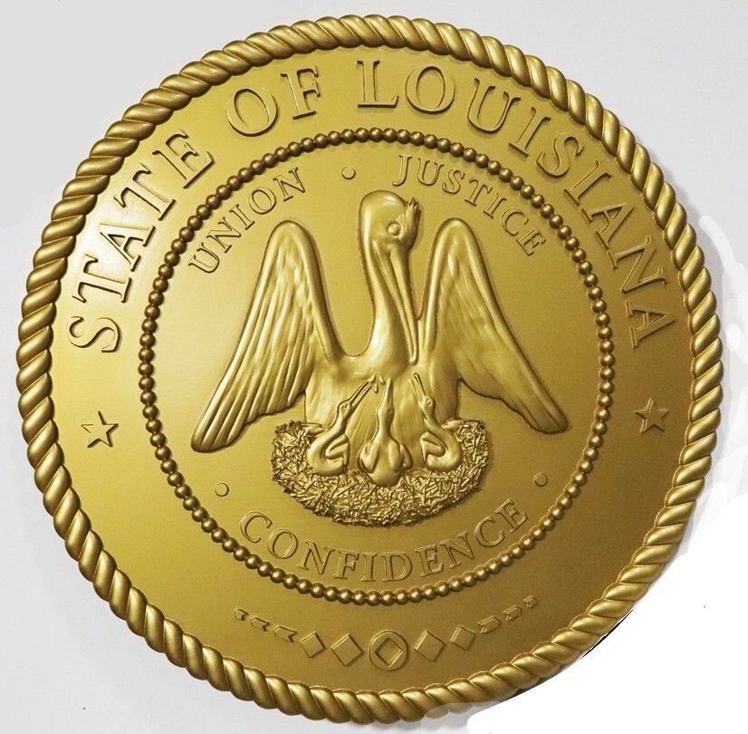 BP-1249 - Carved 3-D Baa=Relief Metallic Gold Painted  Plaque of the Seal of the State of Louisiana