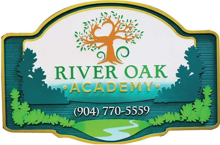 FA15603 - Carved River Oak Academy Entrance Sign, with Oak Tree, Stream and Forest as Artwork  