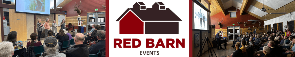 A compilation banner of the Red Barn Event logo, and two pictures of events with many people looking at a presenter.