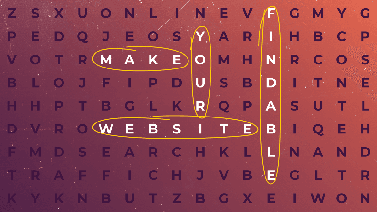 A word search with the words, make, your, website, findable circled