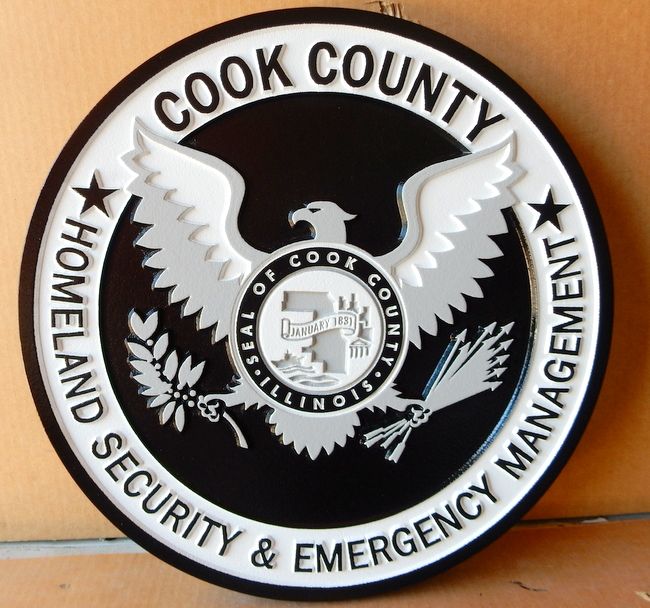 PP-3120 -  Carved Wall Plaque of the Seal of the Homeland Security & Emergency Management for Cook County, Artist Painted