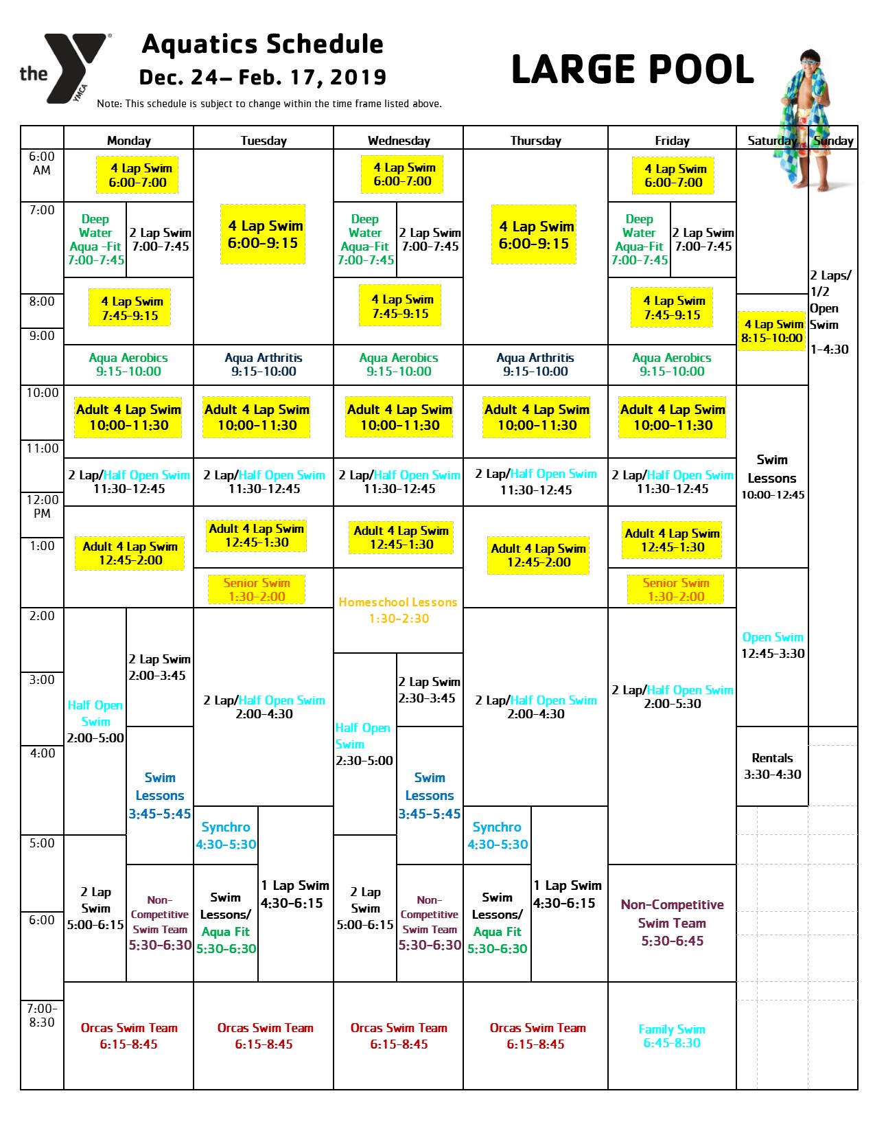 Pool Schedule for the Oneonta Family YMCA