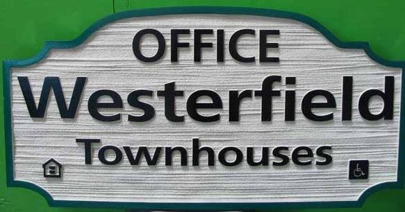 KA20530 - Carved Wood Grain  HDU Townhome Office Sign, Housing Authority Symbol and Handicapped (Special needs) Access