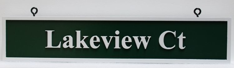H17087 - Carved 2,5-D HDU Street Name Sign "Lakeview Ct" Hung from Scroll Bracket