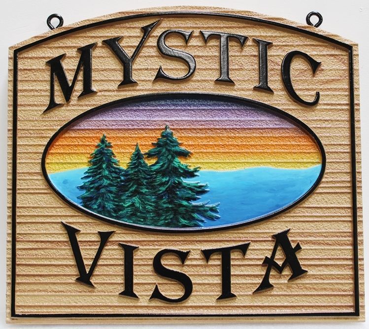 M22385 - Carved and Sandblasted Wood Grain 2.5-D HDU Residence Name  Sign "Mystic Vista", with a Scene of a Lake and Trees as Artwork