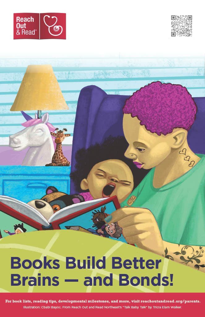 drawing of mother reading with small child text: "books build better brains - and bonds"