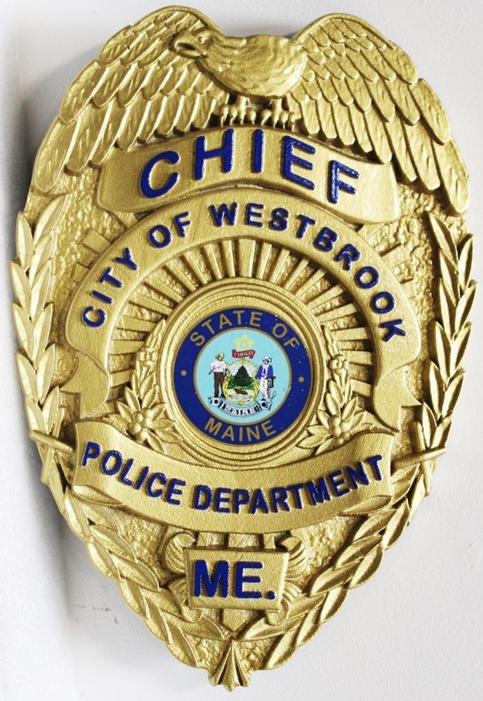 PP-1125 -  Carved 3-D Bas-Relief HDU Badge of the Chief of Police, City of Westbrook, Maine