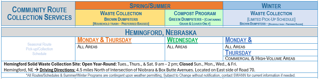 Hemingford NE Route Collection Schedule Listing