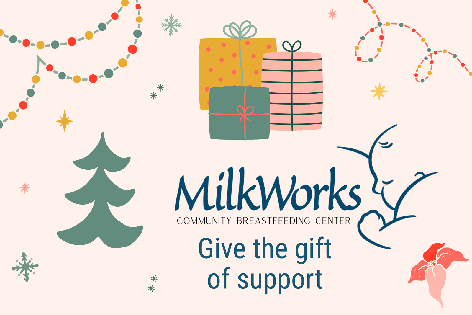 Graphic with MilkWorks logo as well as holiday related items: stars, tree, lights, and gifts