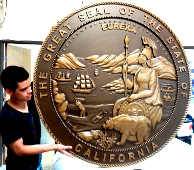 M7512 - Carved Bronze Round Wall Plaque of the Great Seal of California 