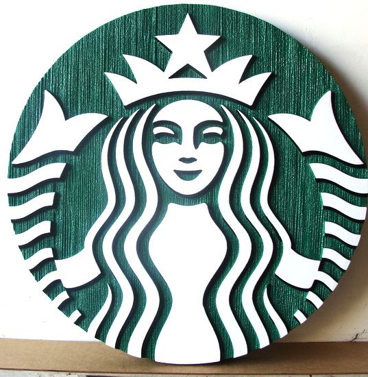 VP-1430 - Carved Wall Plaque of the Logo of Starbucks,  Artist Painted