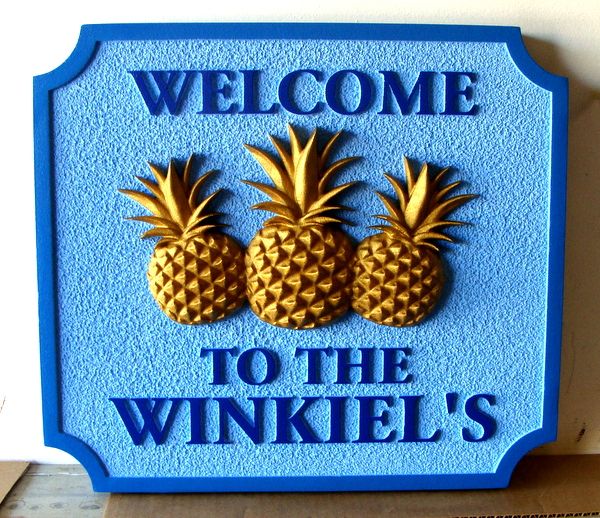 L21808 - Carved "Welcome" Residence Sign, with  Three Pineapples