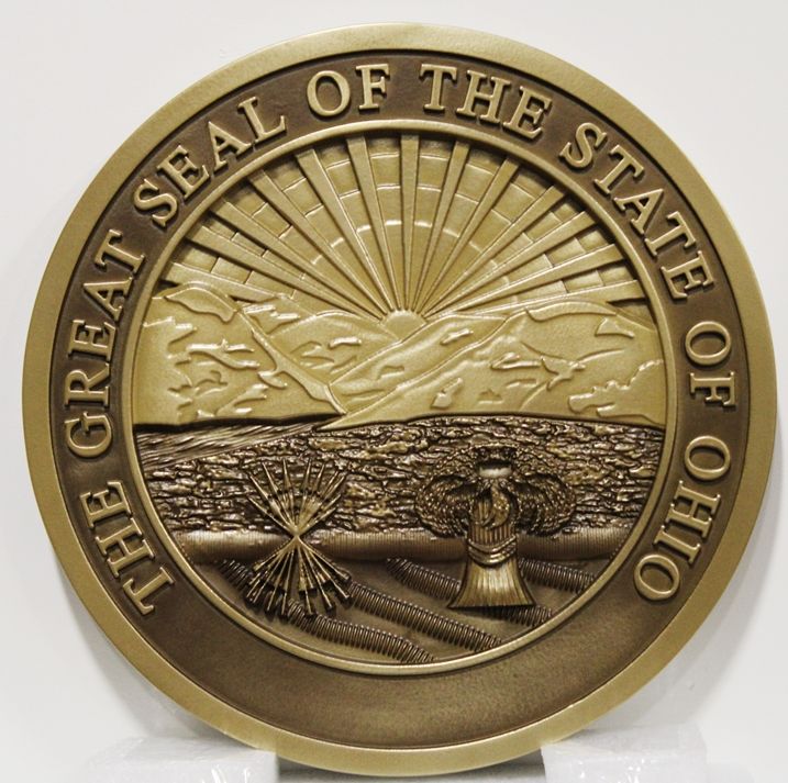 BP-1432 - Carved Plaque of the Great Seal of the State of Ohio, 3-D Brass-Plated, with Hand-Rubbed Bronze Paint Background