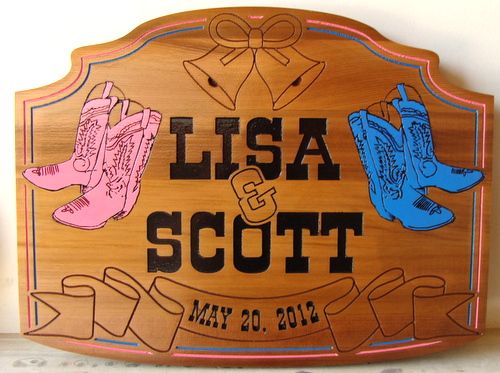 N23054- Engraved Wooden Wall Plaque Celebrating a Marriage (Cowboy & Cowgirl Style)