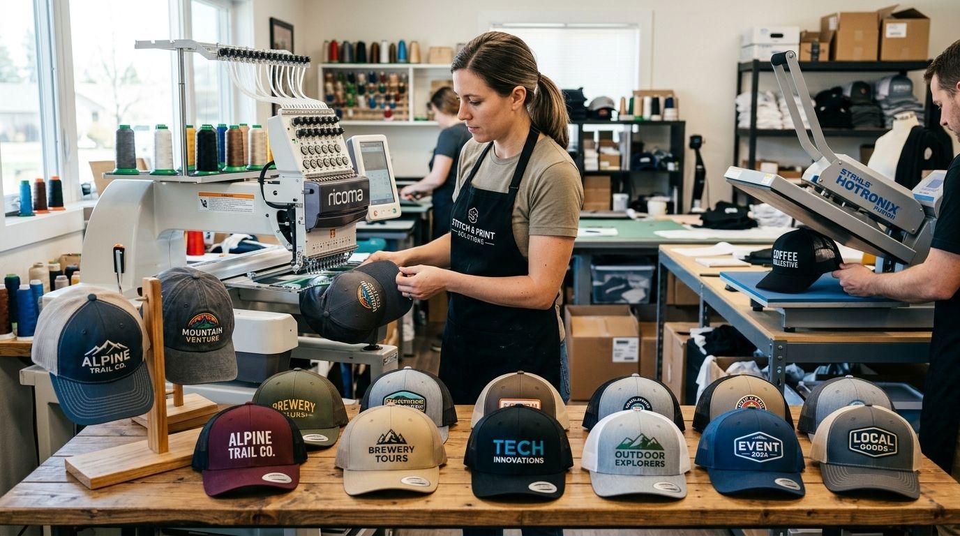 Custom cap and hat printing in Seattle featuring embroidered baseball caps, trucker hats, promotional hats, and branded business apparel