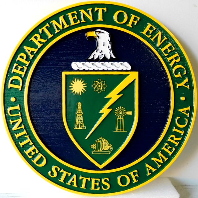 AP-6102 - Carved 2.5-D Multi-level Plaque of the Seal of the US Department of Energy, Artist Painted