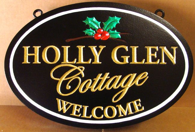 M22117 - Engraved Holly Glen Cottage  Name Sign, with 3-D Holly Leaves and Berries 