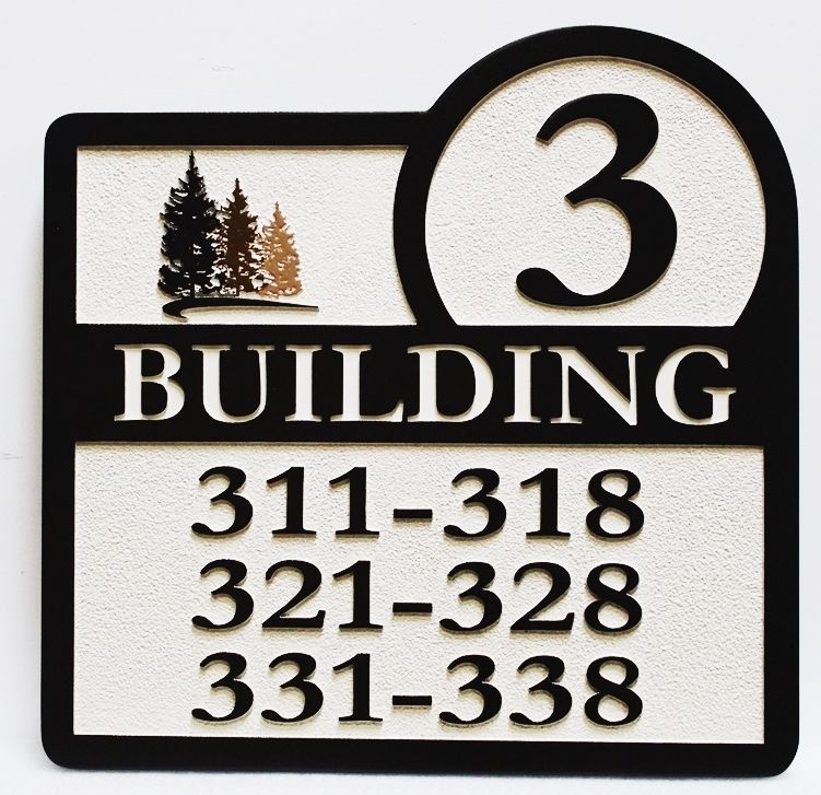 KA20845 - Carved  Building Unit Number Sign for an Apartment Complex, with Three Fir Trees as Artwork