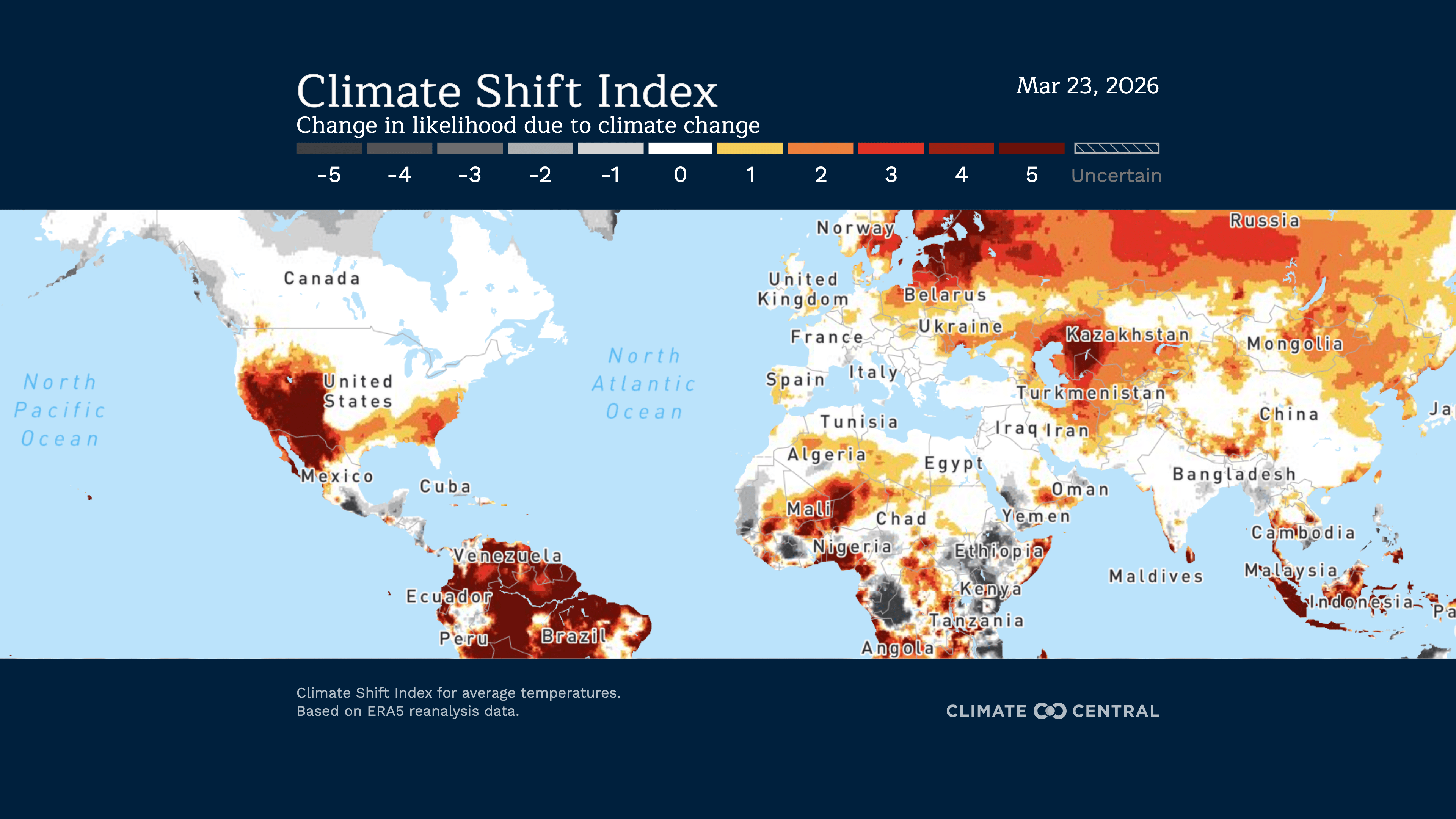 U.S. map showing where hotter temperatures have been made more likely by climate change on a given day