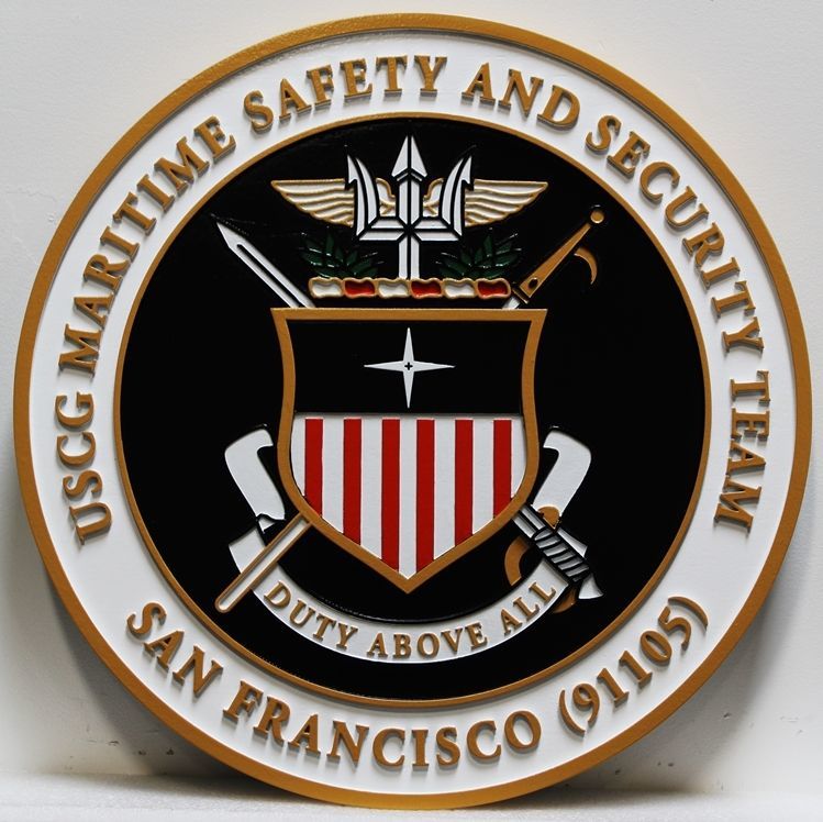 NP-2025 - Carved 2.5-D Outline Relief HDU Plaque of the Crest of the USCG Maritime Safety and Security Team, San Francisco