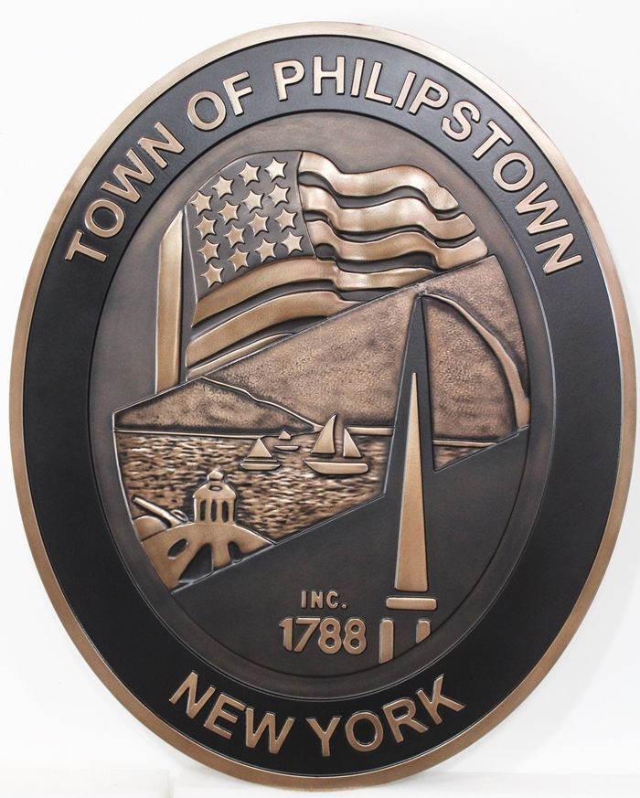 DP-2006 - Carved 3-D Bas-Relief Bronze-Plated HDU Plaque of the Seal of the  City of Phillipstown, New York