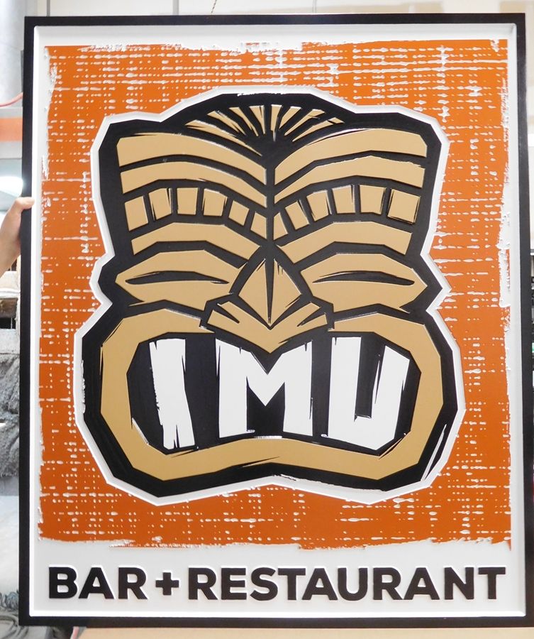 RB27226 - Polynesian Style Sign "IMU" for Bar and Restaurant, with Tiki Statue as Artwork 