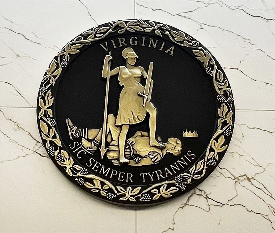 GP-1398 - Carved 3-D Plaque of the Seal of a Court, State of Virginia, Polished Bright Brass-plated