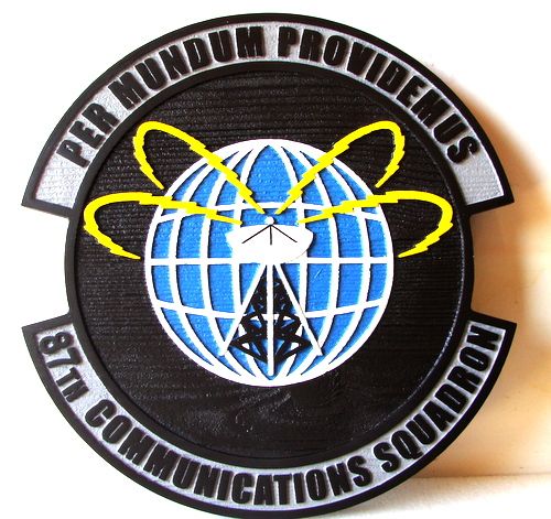 LP-4320- Carved Round Plaque of the Crest of the 87th Communications Squadron, "Per mundum providemis",  Artist Painted