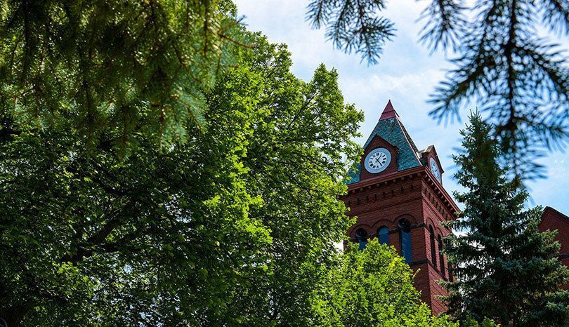 Green trees framing the VCSU clocktower, which peeks out in the background