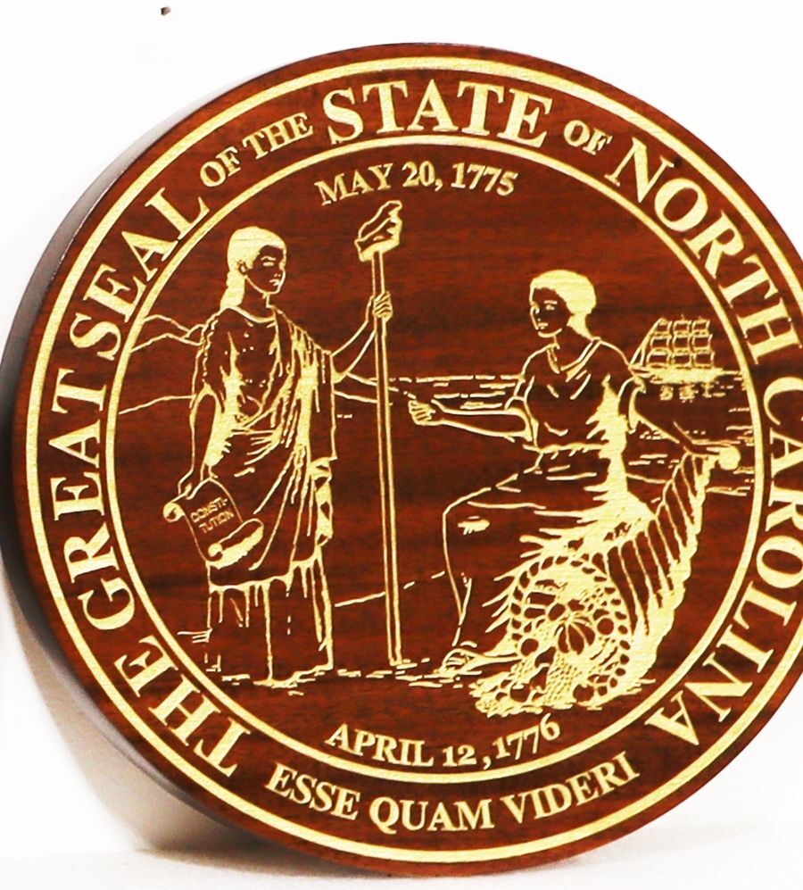 BP-1414- Engraved  Mahogany Wood Plaque of the Great Seal of the State of North Carolina with Light Brass Painted Engraved Areas