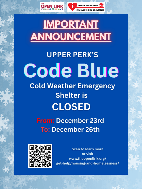 Code Blue Shelter Closed for the Holiday