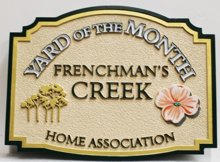 KA20900 - Carved High-Density-Urethane (HDU)  Yard of the Month  Sign for the  Frenchman's Creek Homeowner's Association (HOA) 