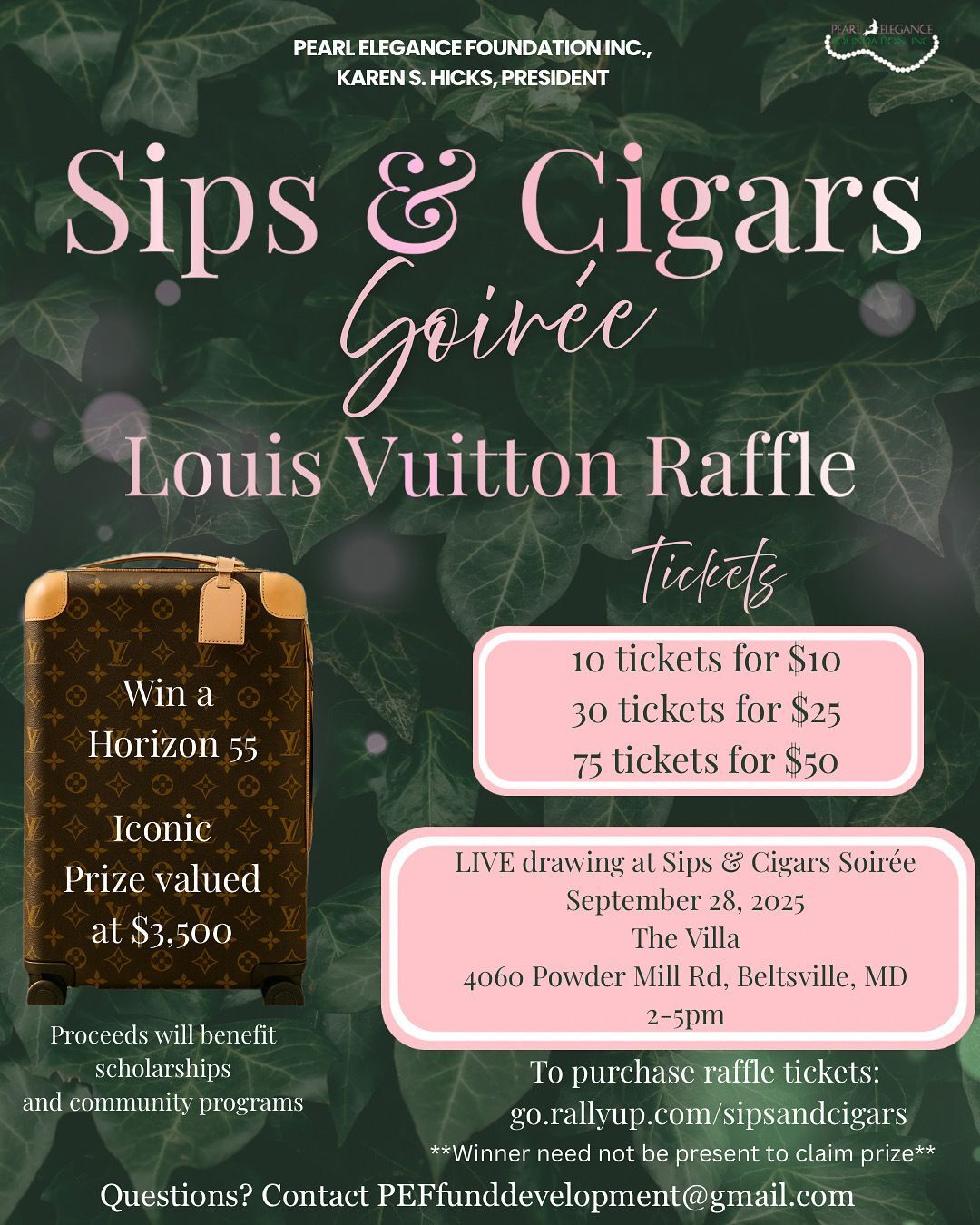 Flyer for Sips & Cigars Soirée Raffle on September 28, 2025