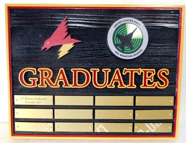 JP-2530 - Graduation  Board for the Navy Area Weapons School, Cedar Wood with Insignia and Engraved Brass Plates