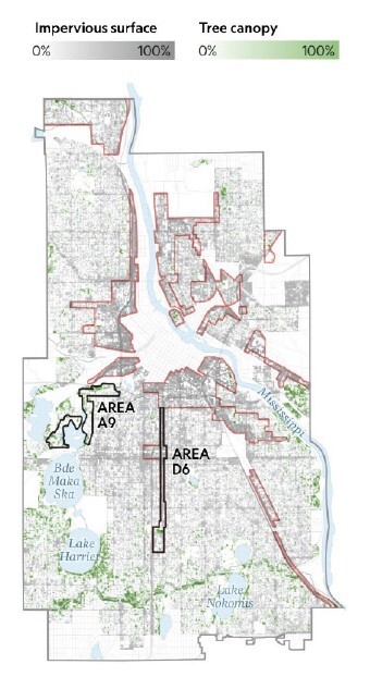 Minneapolis map showing less tree canopy in redlined areas versus non-redlined areas