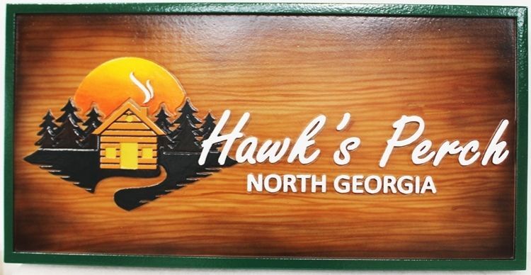 M22210 -  Carved 2.5-D HDU sign "Hawk's Perch"., in North Georgia, witPainted Wood Grain Background