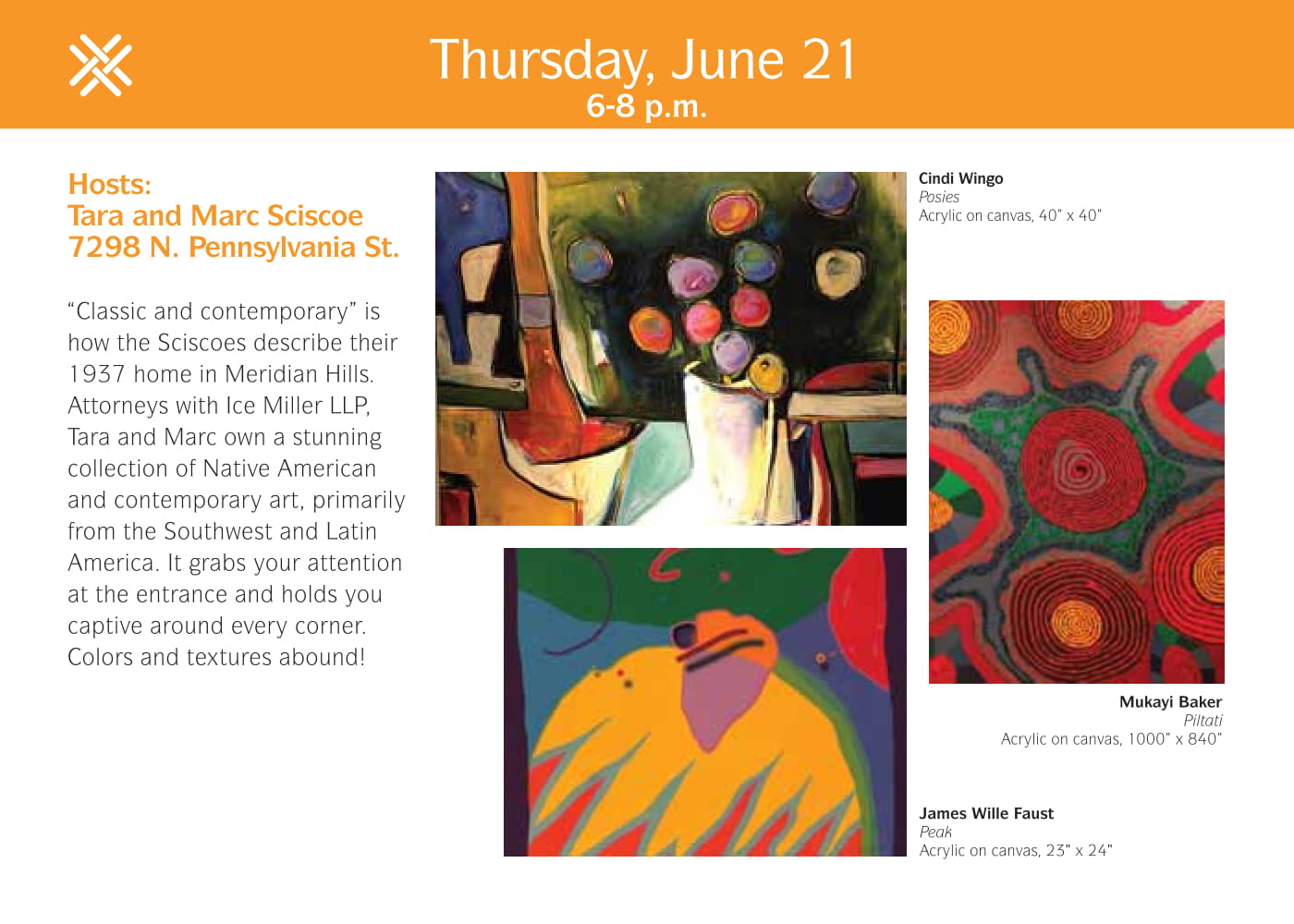 Thursday, June 21, 6-8 p.m. Hosts: Tara and Marc Sciscoe 7298 N. Pennsylvania Street. "Classic and contemporary" is how the Sciscies describe their 1937 home in Meridian Hills. Attorneys with Ice Miller LLP, Tara and Marc own a stunning collection of Nati