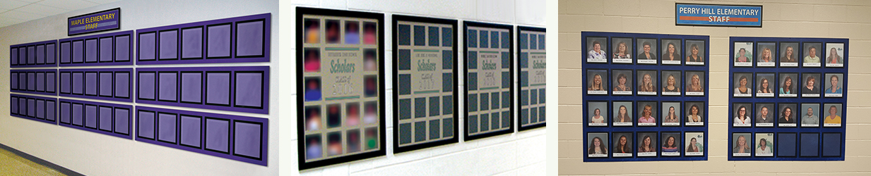 School photo signs with frames, three schools shown, school staff photos frames, custom signs