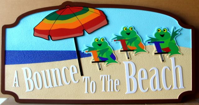 L21071 - Carved 2,5-D HDU  Beach House Sign "Bounce to the Beach", with Three Frogs as Artwork