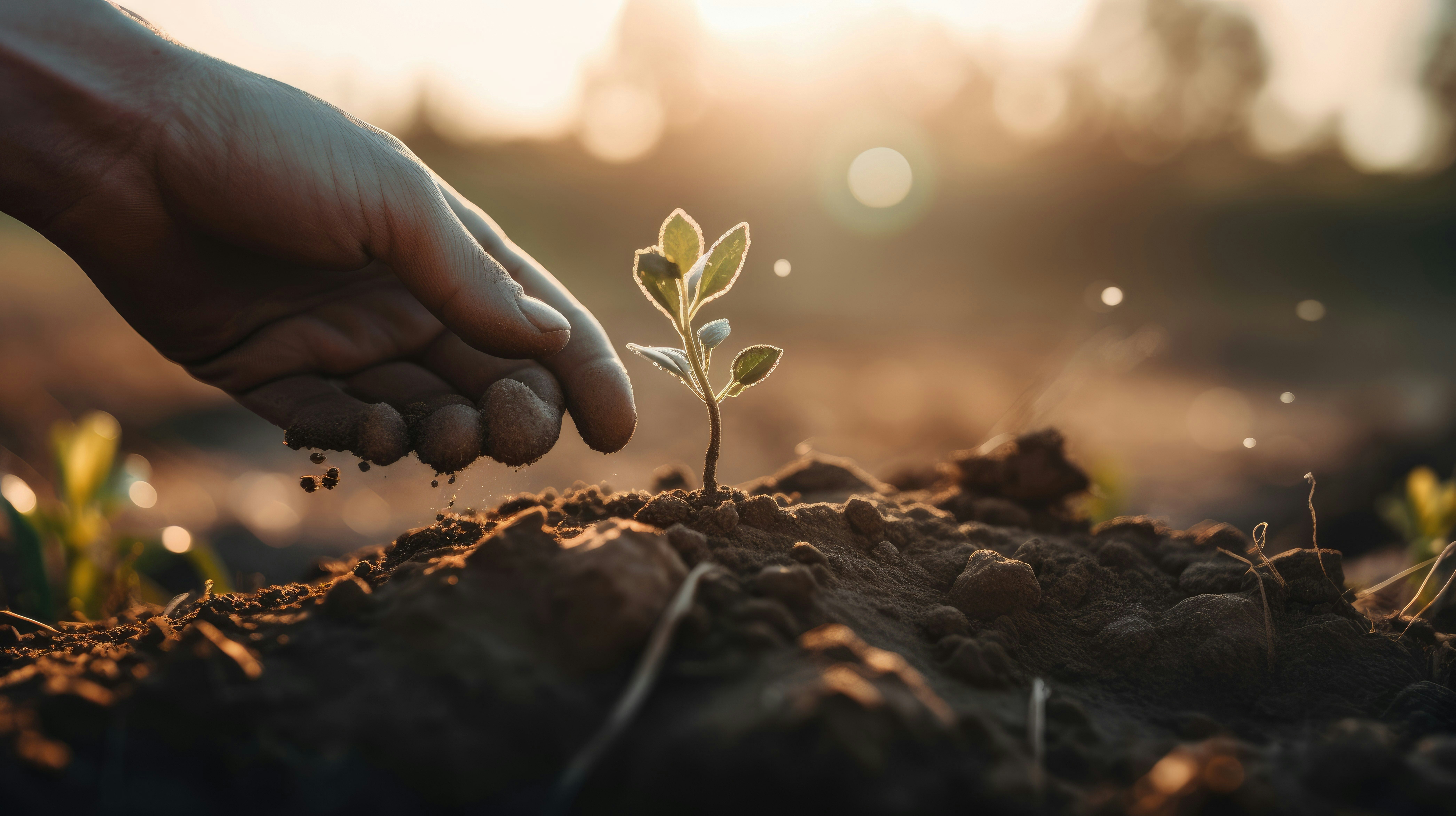Hand next to plant sprouting from the soil