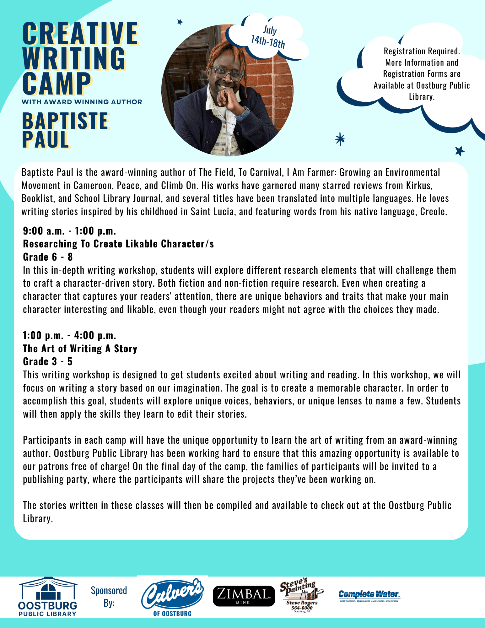 Creative Writing Camps led by Baptiste Paul come to Oostubrg Public Library