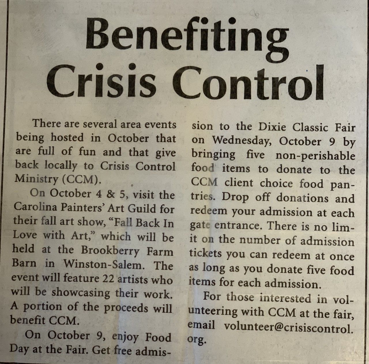 Kernersville News: Benefiting Crisis Control 