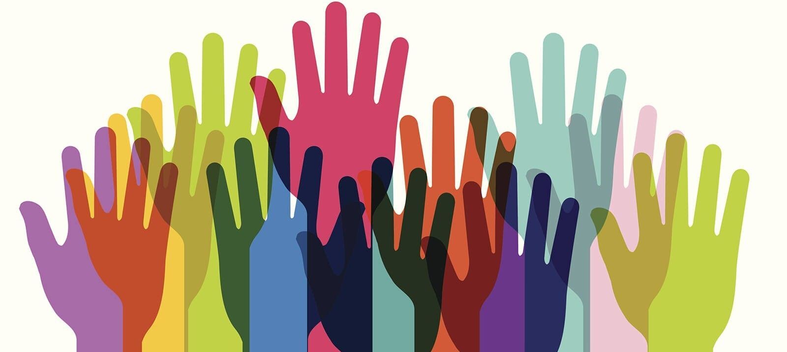 Illustration of multiple colorful hands raised in the air, symbolizing community support, volunteering, and unity.