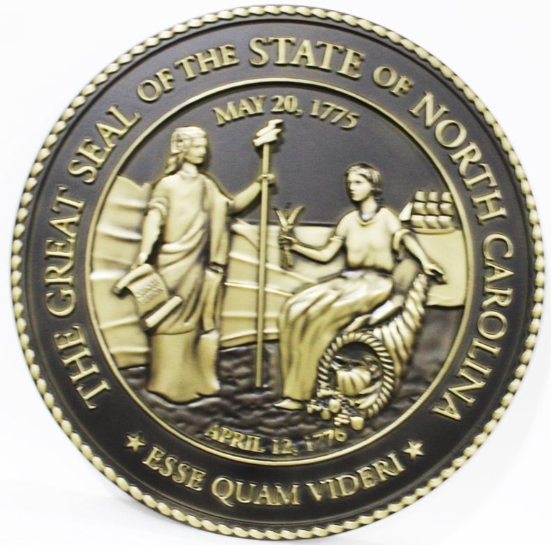 BP-1413 - Carved 3-D Bas-Relief Brass-Plated HDU Plaque of the Seal of the State of North Carolina