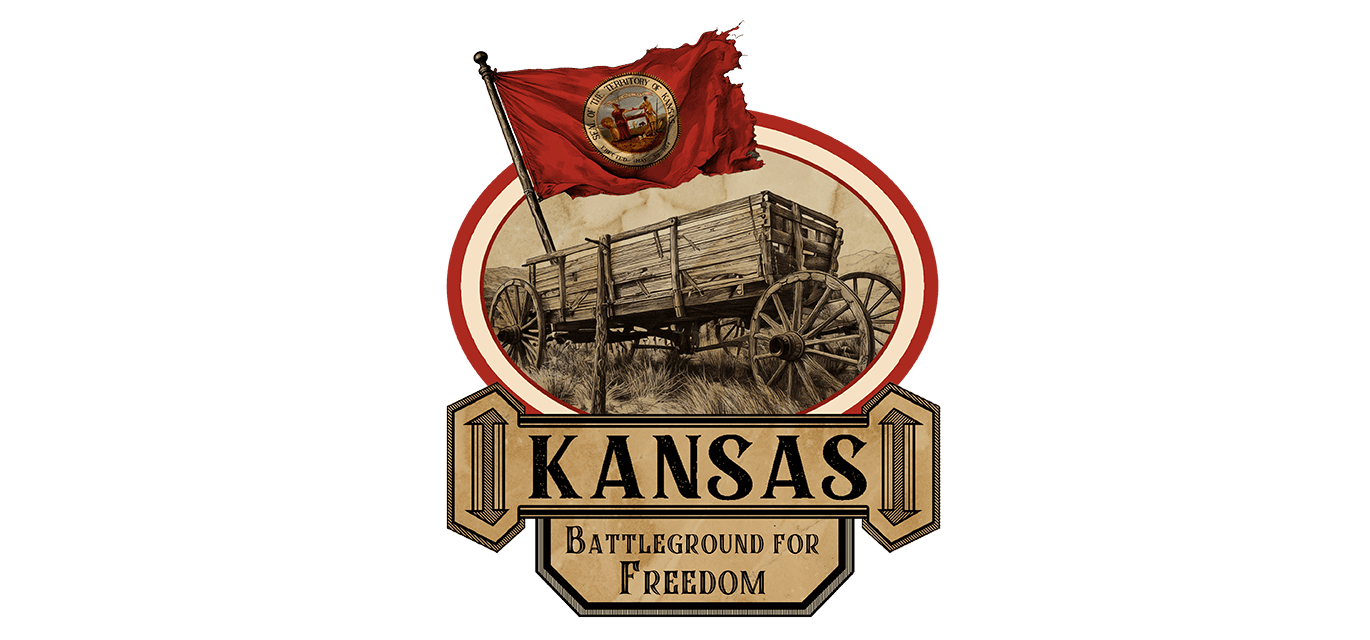 Vintage-style emblem featuring a covered wagon, a red flag with the seal of Kansas, and the text "KANSAS: Battleground for Freedom."