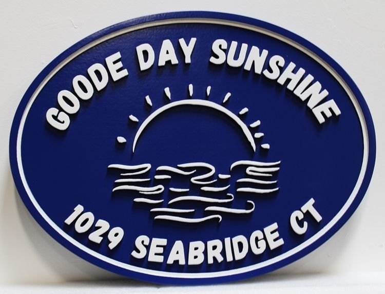 L21241 - Engraved HDU Coastal Residence  Sign, "Goode Day Sunshine”, with  a Stylized Rising Sun over the Ocean