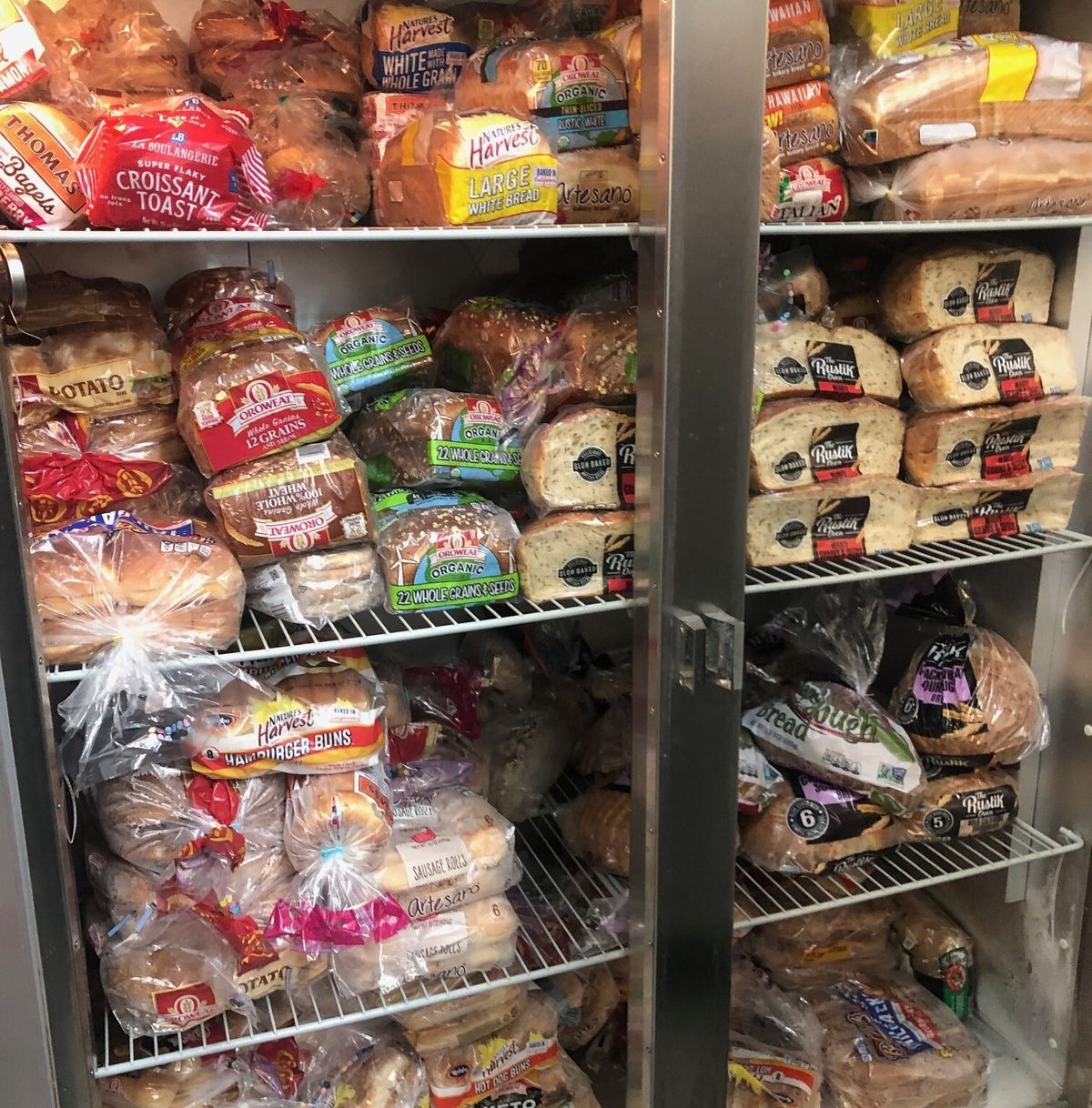 Shelves of Orowheat bread products at the FISH pantry