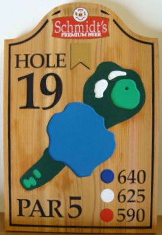E14605 - Carved Cedar 19th Hole Sign, with Schmidt's Beer Logo