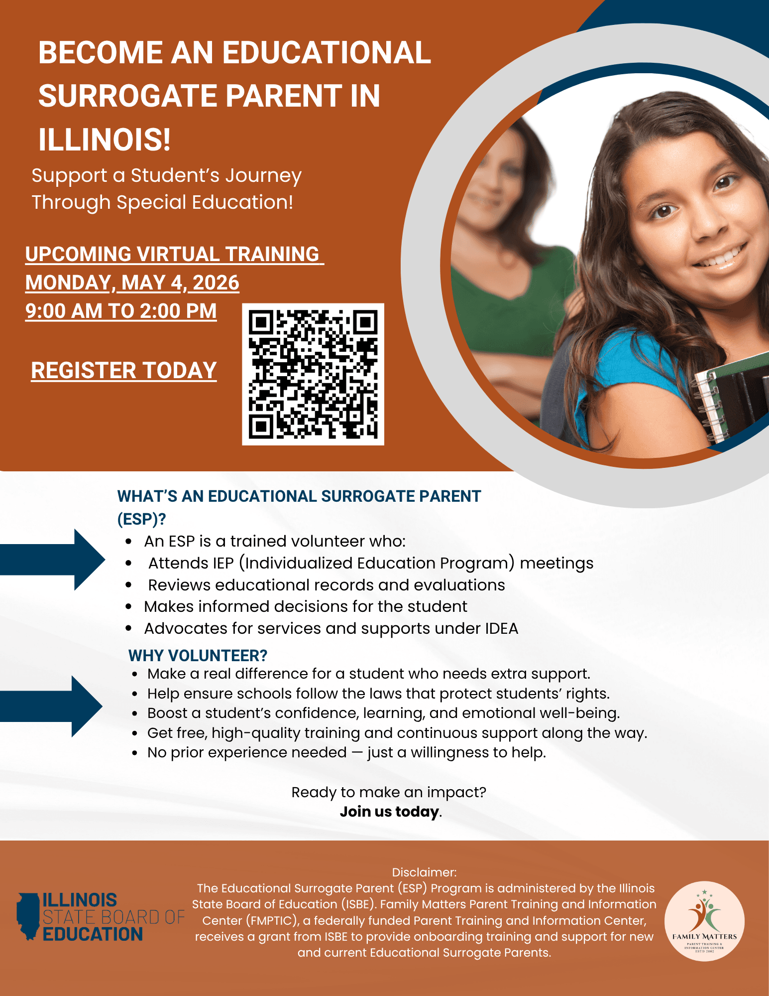 Flyer promoting a virtual training to become an Educational Surrogate Parent (ESP) in Illinois. The training is scheduled for Monday, May 4, 2026, from 9:00 AM to 2:00 PM, with a QR code to register. The flyer explains that ESPs are trained volunteers who